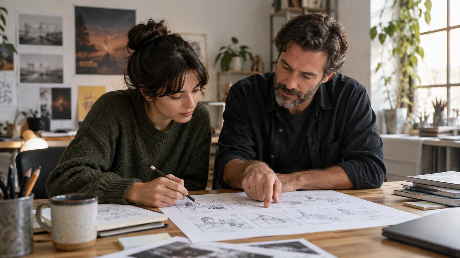 Dos profesionales adultos revisan juntos un storyboard de papel en la mesa de un estudio creativo.