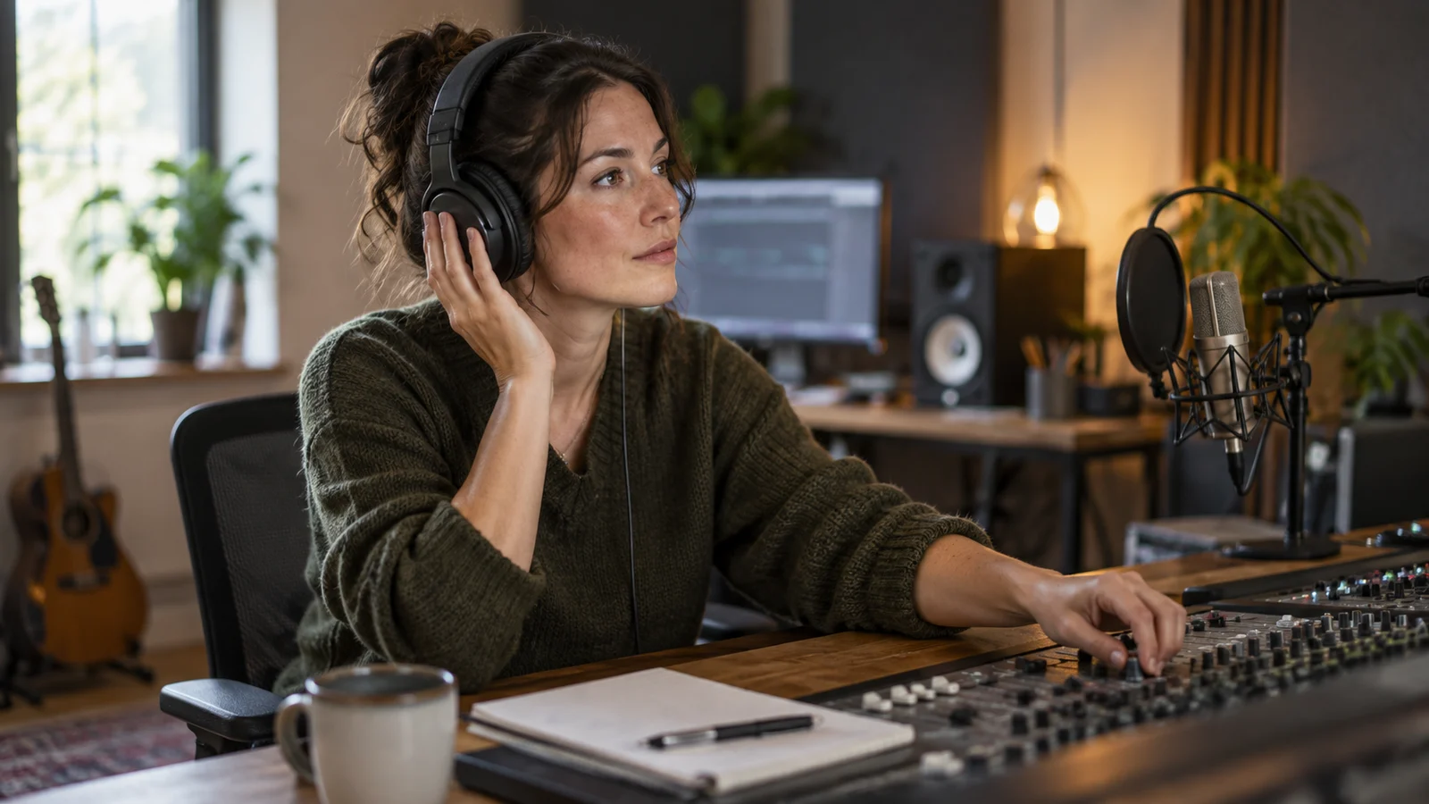 Una editora con auriculares escucha junto a un micrófono mientras ajusta una mesa de mezclas en un estudio.