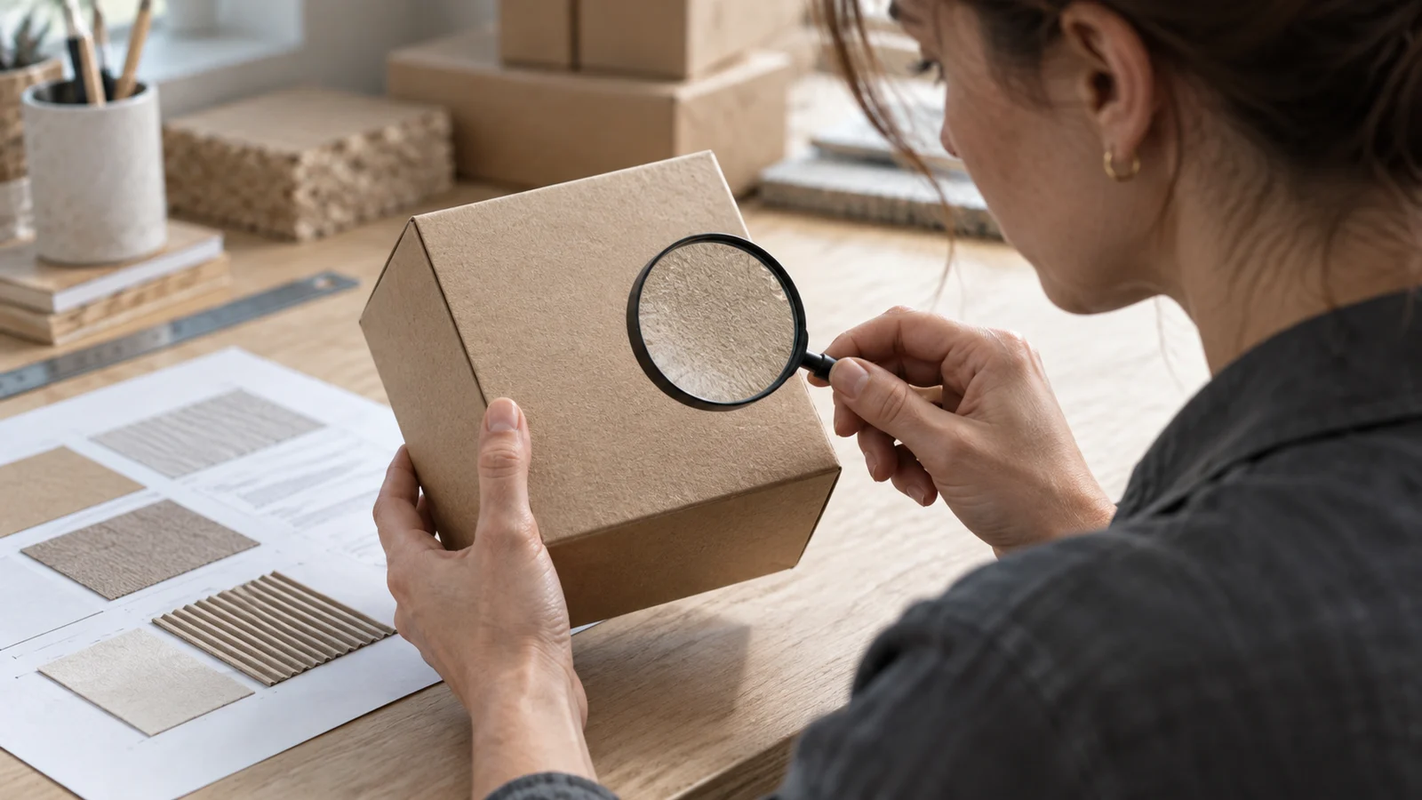 Una profesional examina con una lupa un envase de cartón sin marcas junto a una ficha con muestras de materiales.