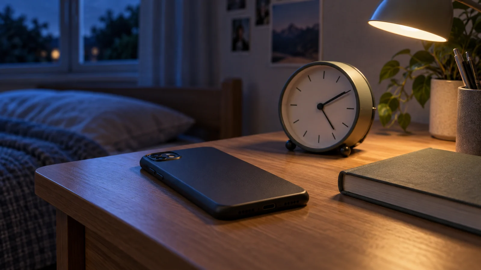 Un teléfono boca abajo, un despertador analógico y un libro sobre un escritorio iluminado por una lámpara al anochecer.
