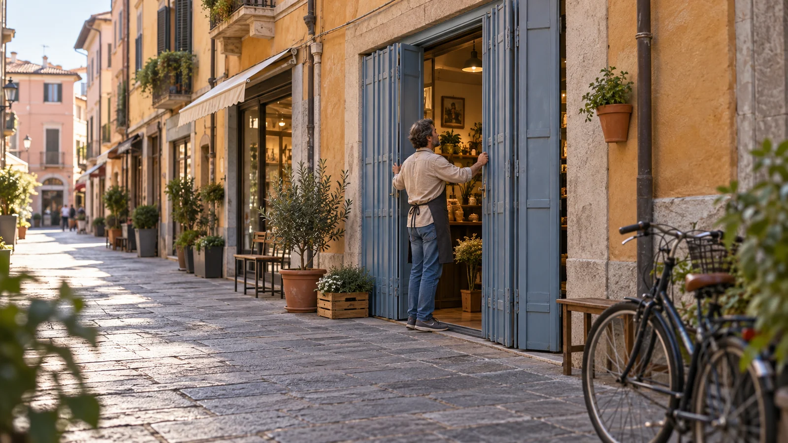 Un comerciante abre las contraventanas de una tienda en una calle de aspecto italiano.