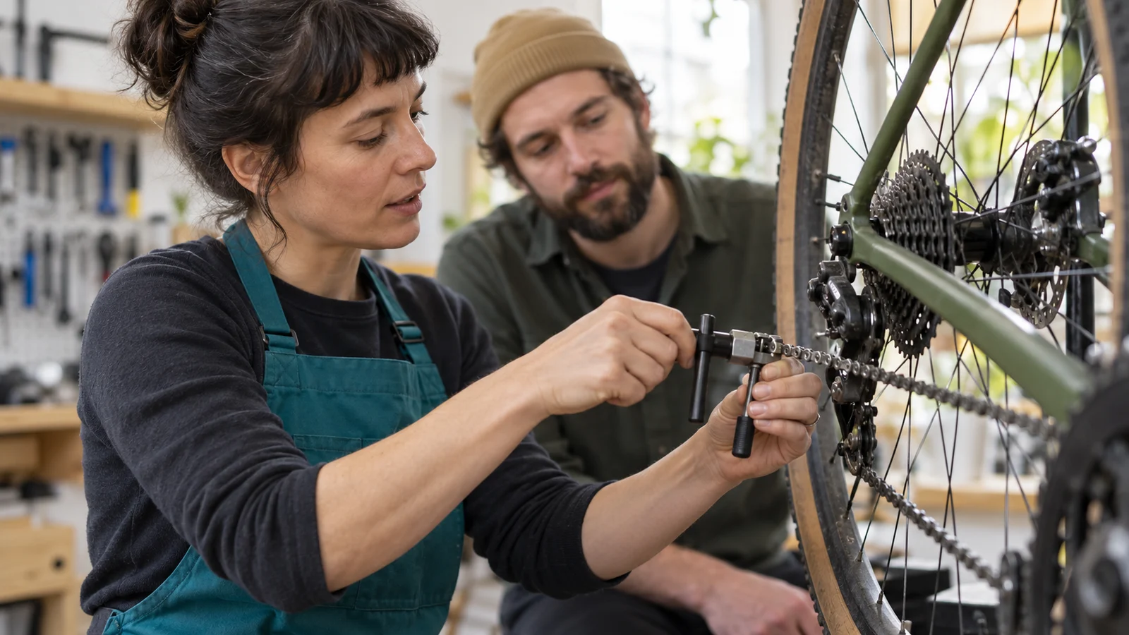 Una mujer con delantal azul muestra a otro adulto cómo reparar la cadena de una bicicleta.