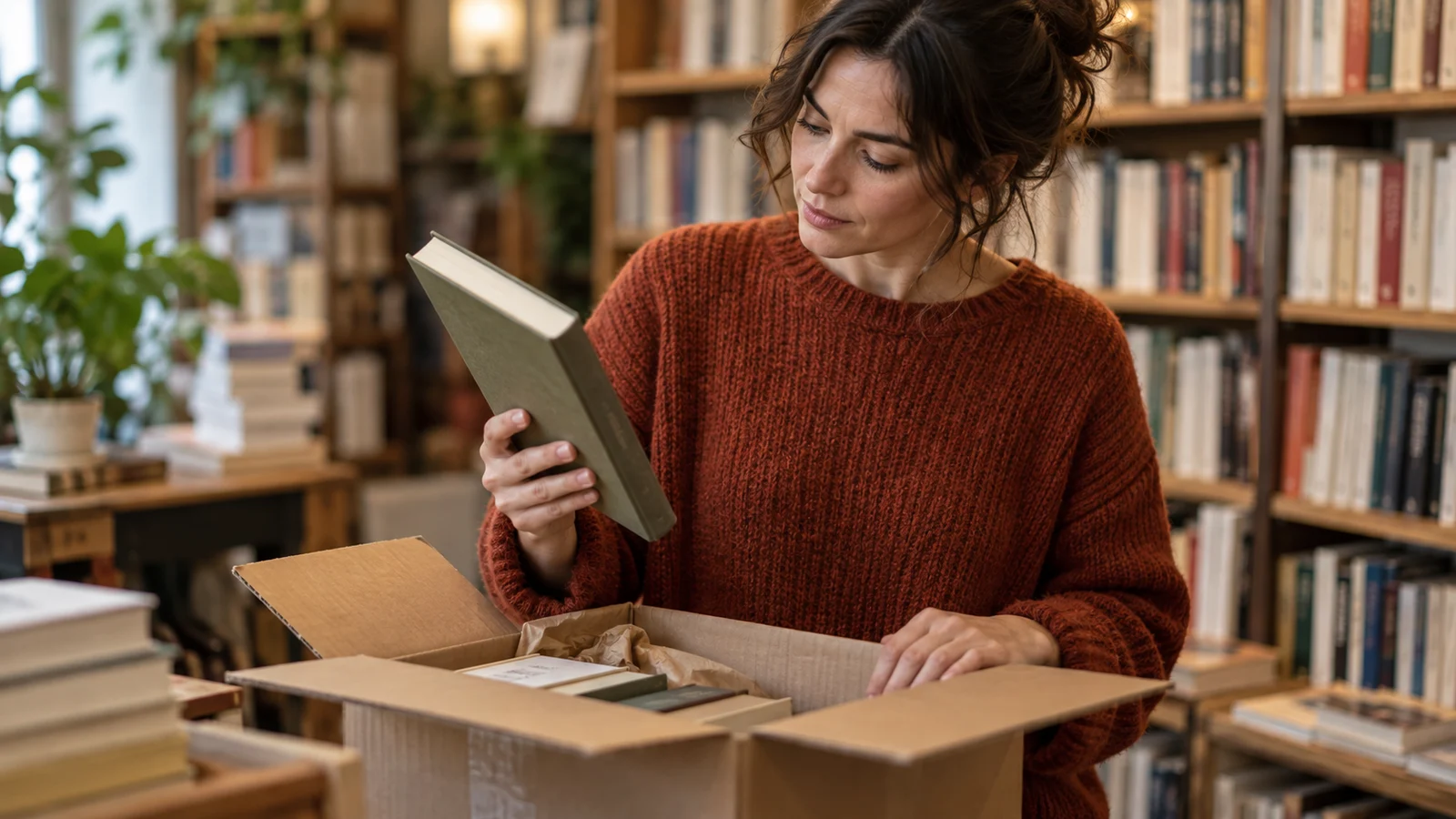 Una librera comprueba un libro recién recibido junto a una caja abierta.