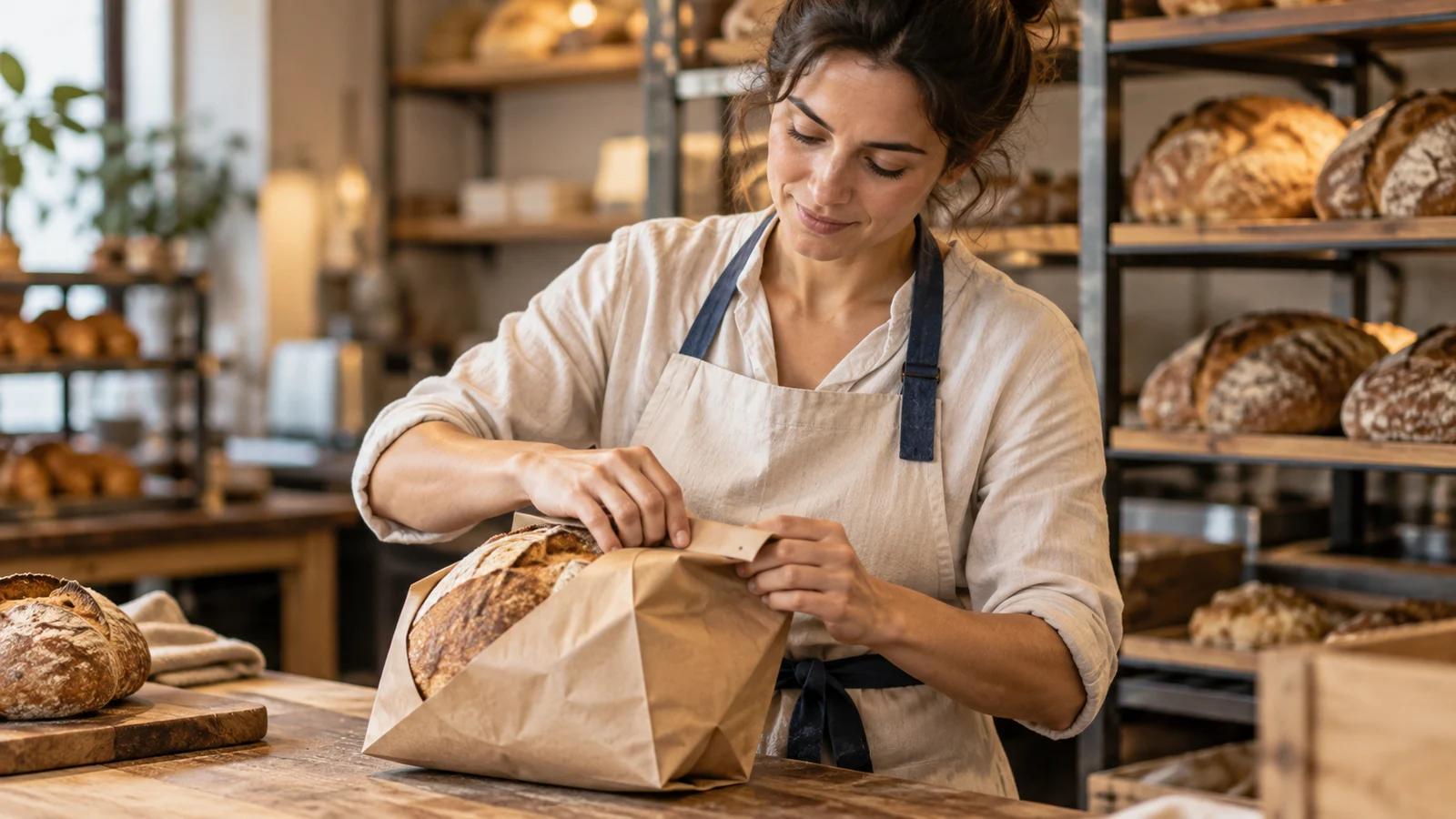 Una panadera prepara una bolsa de papel con una hogaza en el mostrador.