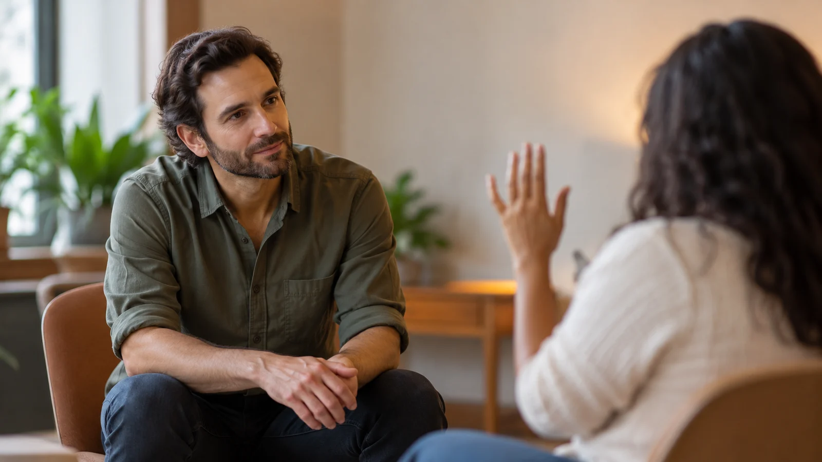Un hombre escucha a una participante que levanta la mano durante una conversación.