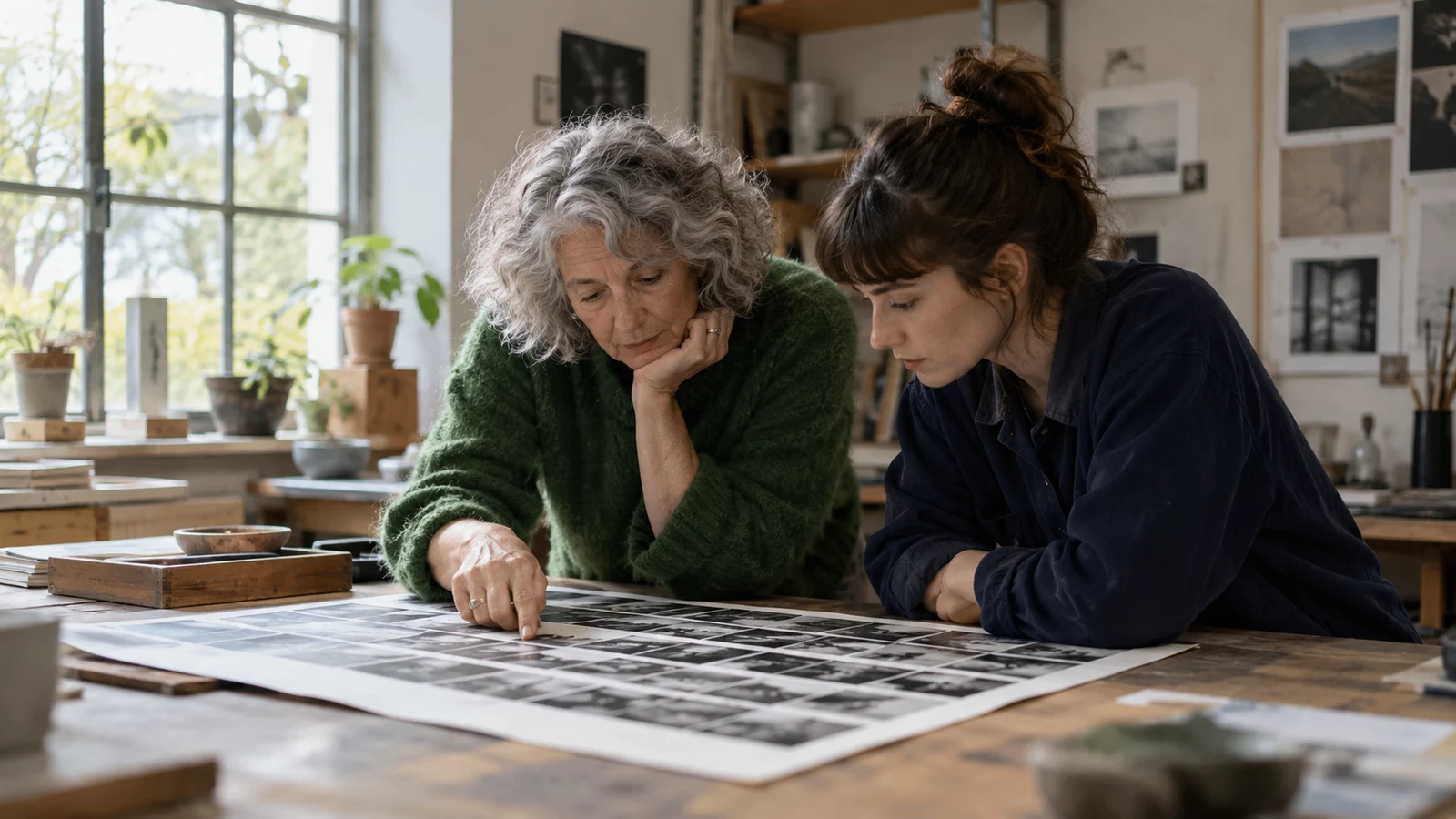 Dos profesionales de distintas generaciones examinan fotografías en un taller creativo.