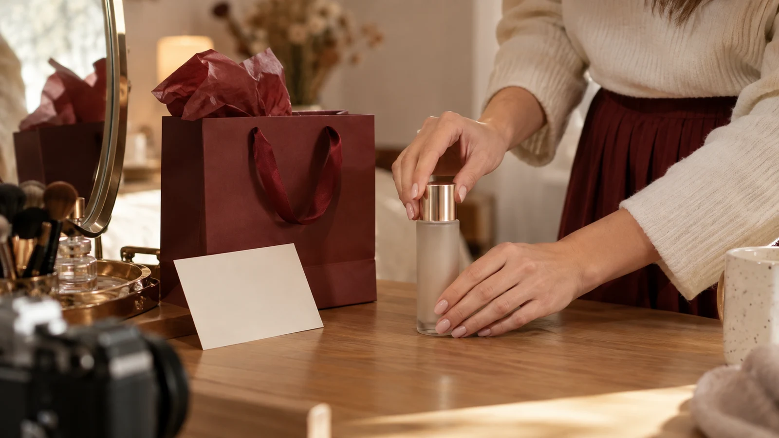 Unas manos colocan un cosmético sin marca junto a una bolsa de regalo.