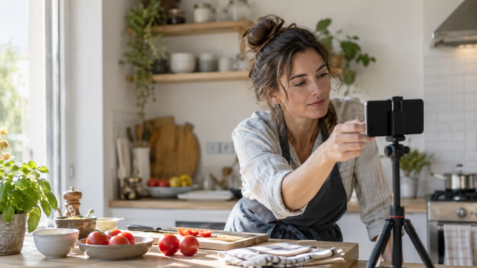 Una creadora ajusta el teléfono de un trípode antes de grabar en su cocina.