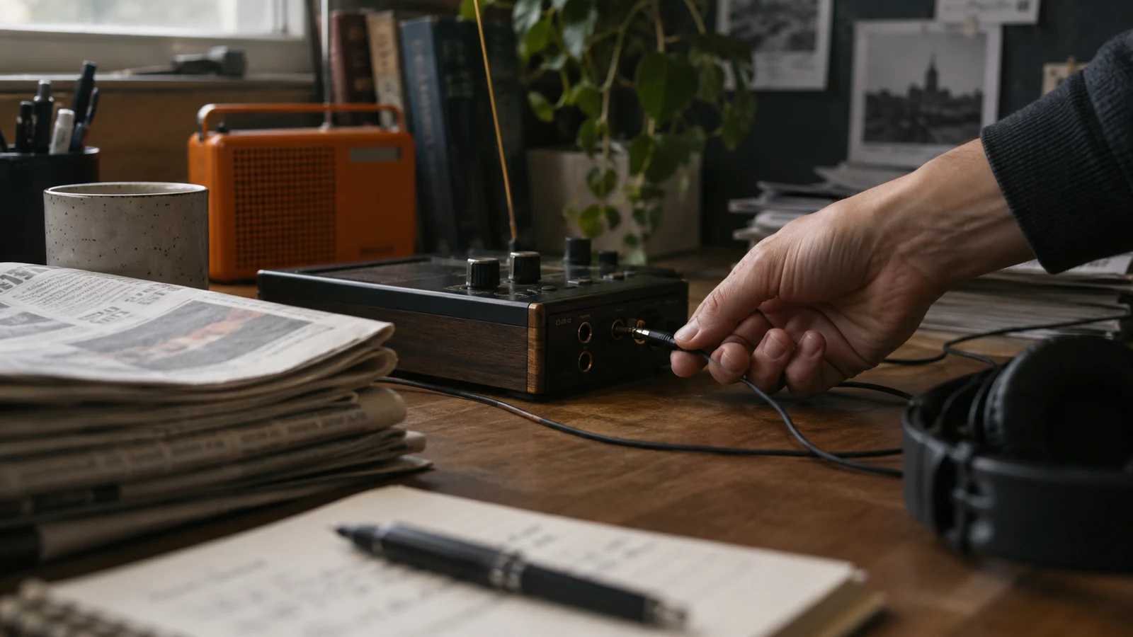 Una mano retira un cable de un aparato sobre una mesa con periódicos.