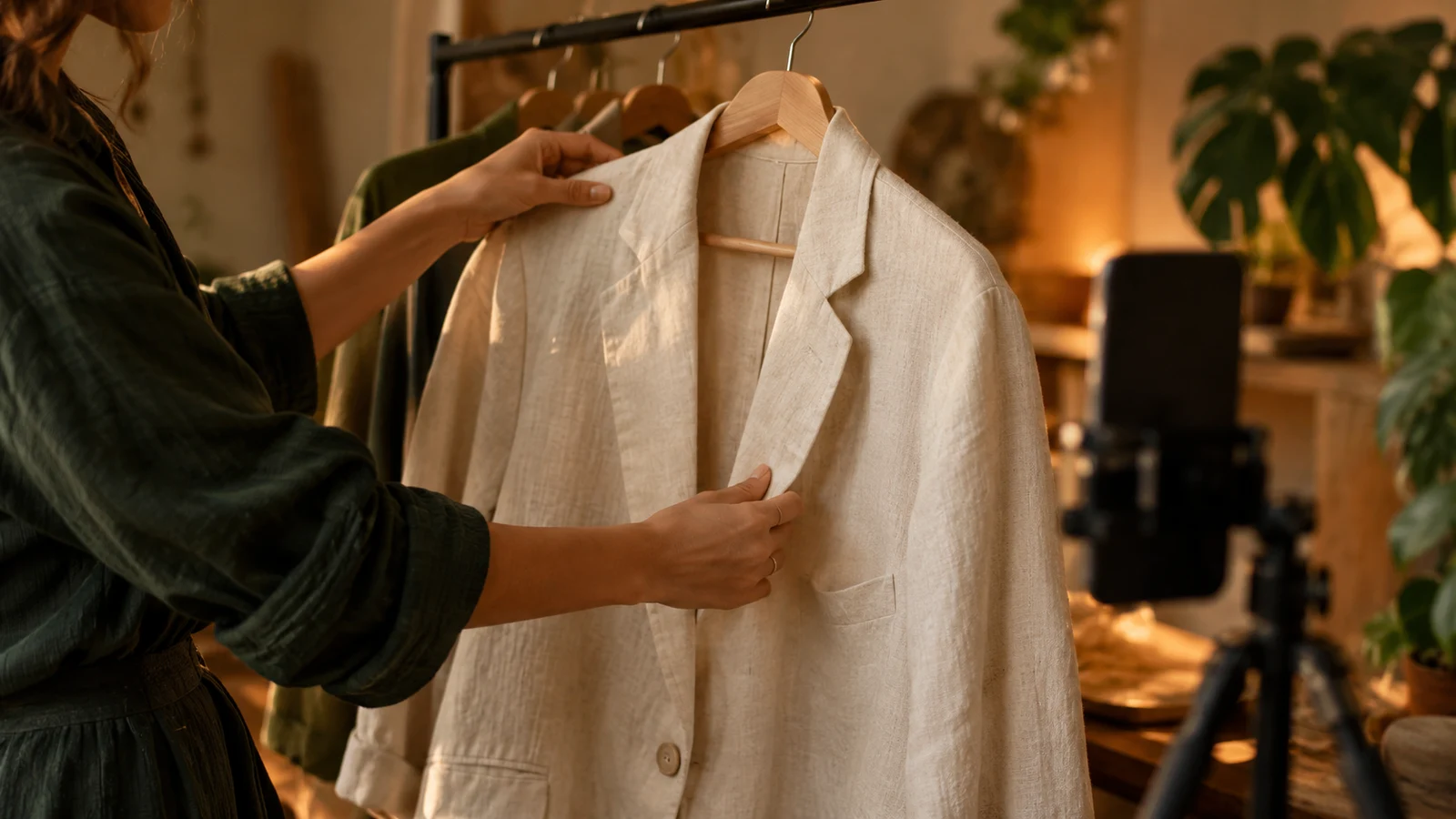 Una creadora prepara una chaqueta de lino para grabar una recomendación.