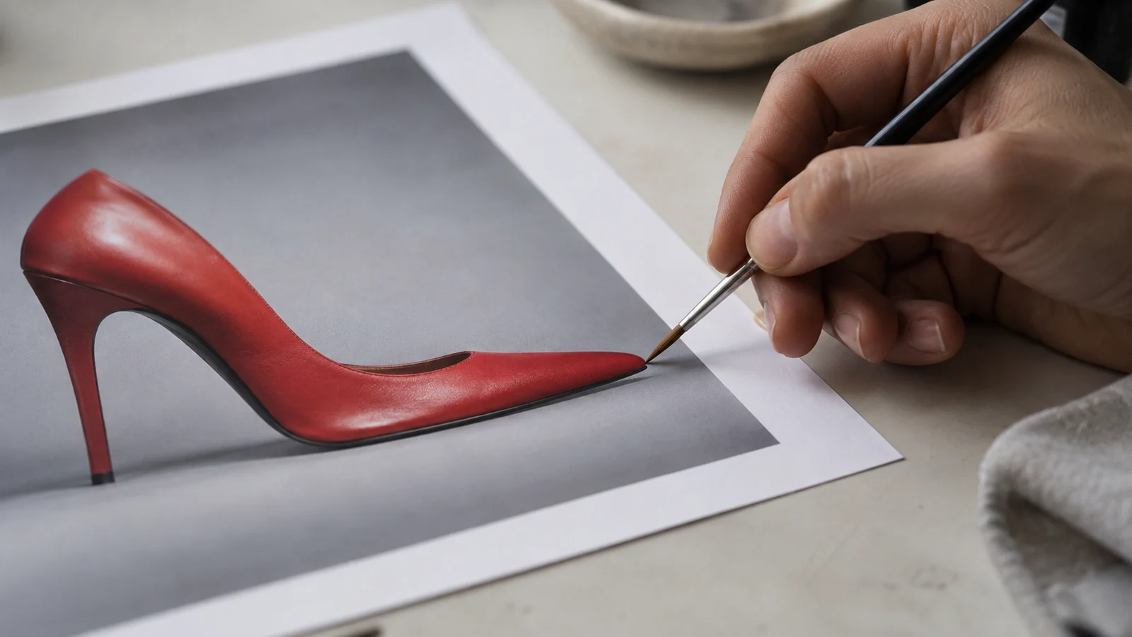 Una mano retoca con un pincel un pequeño detalle en una imagen impresa de un zapato.