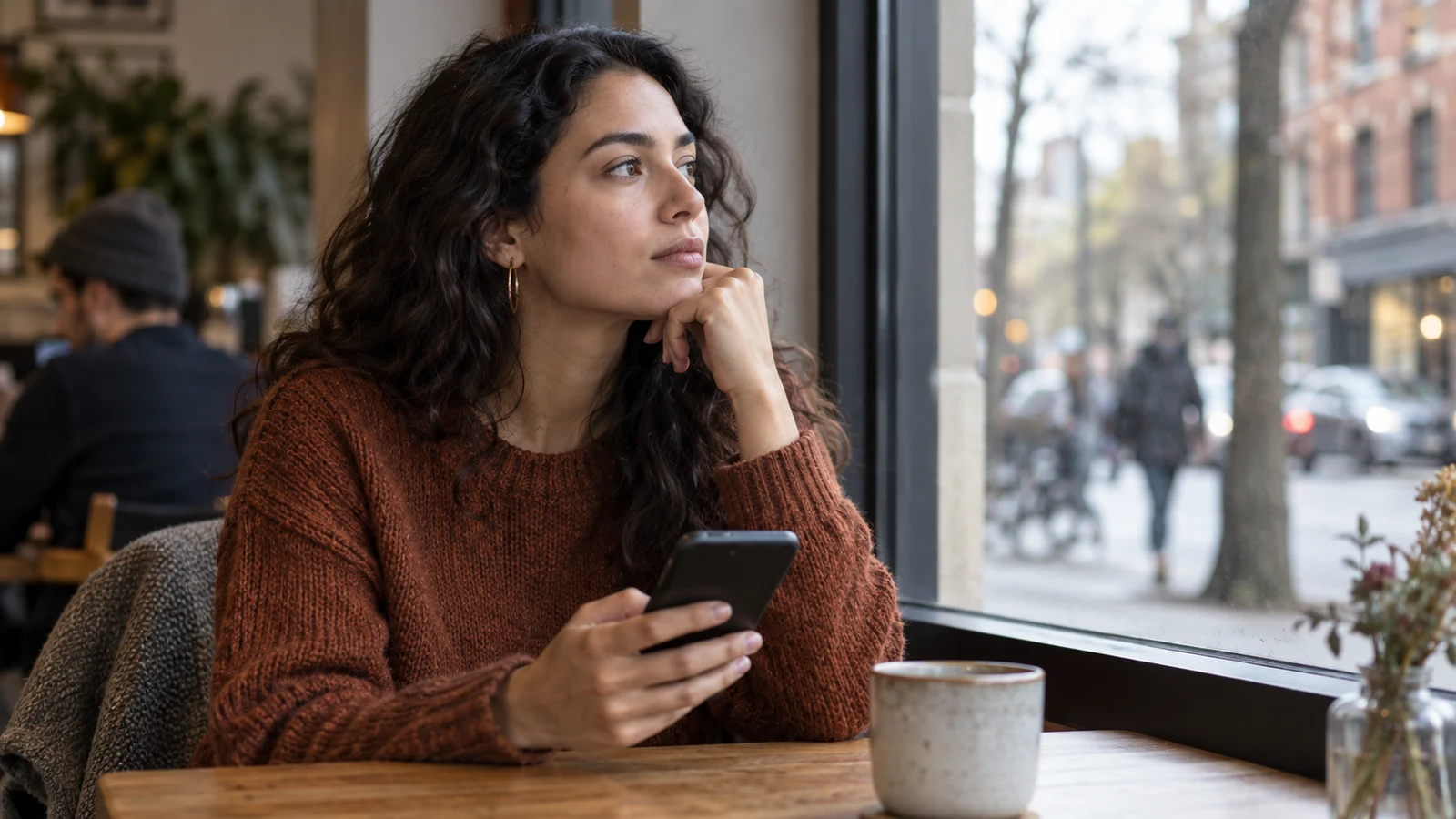 Una mujer con un teléfono en la mano mira hacia la calle desde una cafetería.