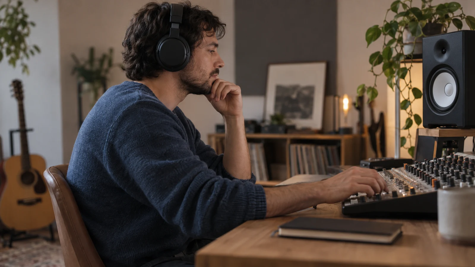 Un hombre con auriculares escucha ante una mesa de mezclas en un estudio.