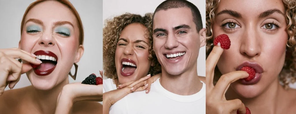 Tres retratos de la campaña Glow White con sonrisas y frutas rojas.