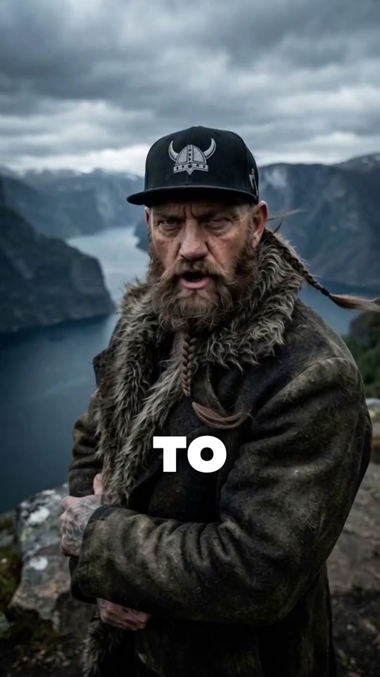 Personaje vikingo generado con IA, con gorra y prendas de piel, ante un paisaje de fiordos.