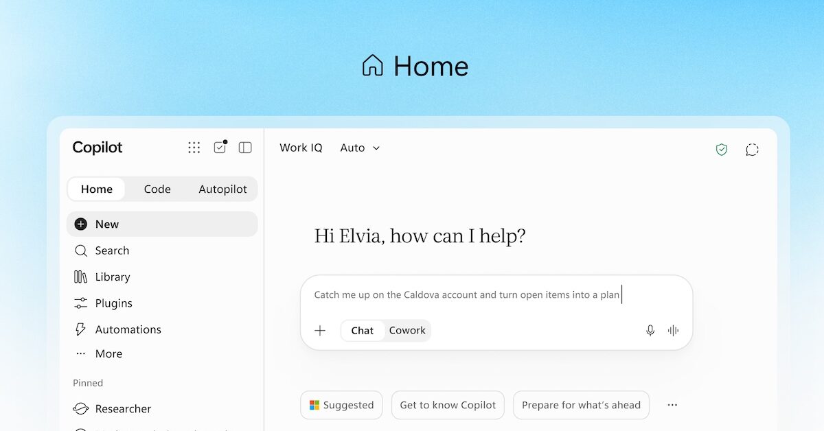 Interfaz de Copilot Home con campo de conversación.