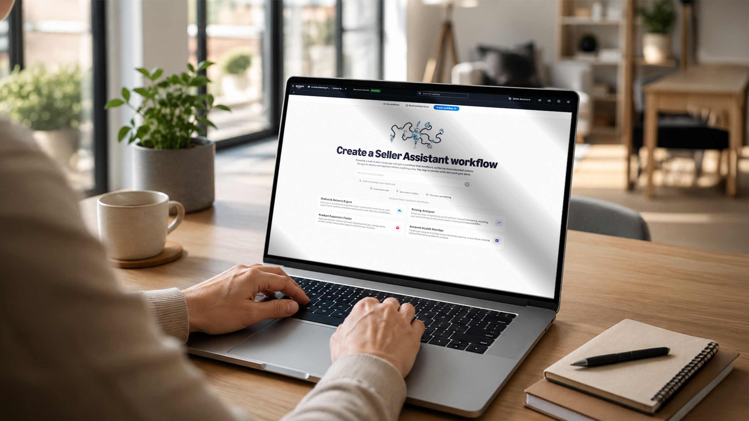 Imagen oficial de Seller Assistant: un portátil muestra la interfaz para crear un flujo de trabajo.