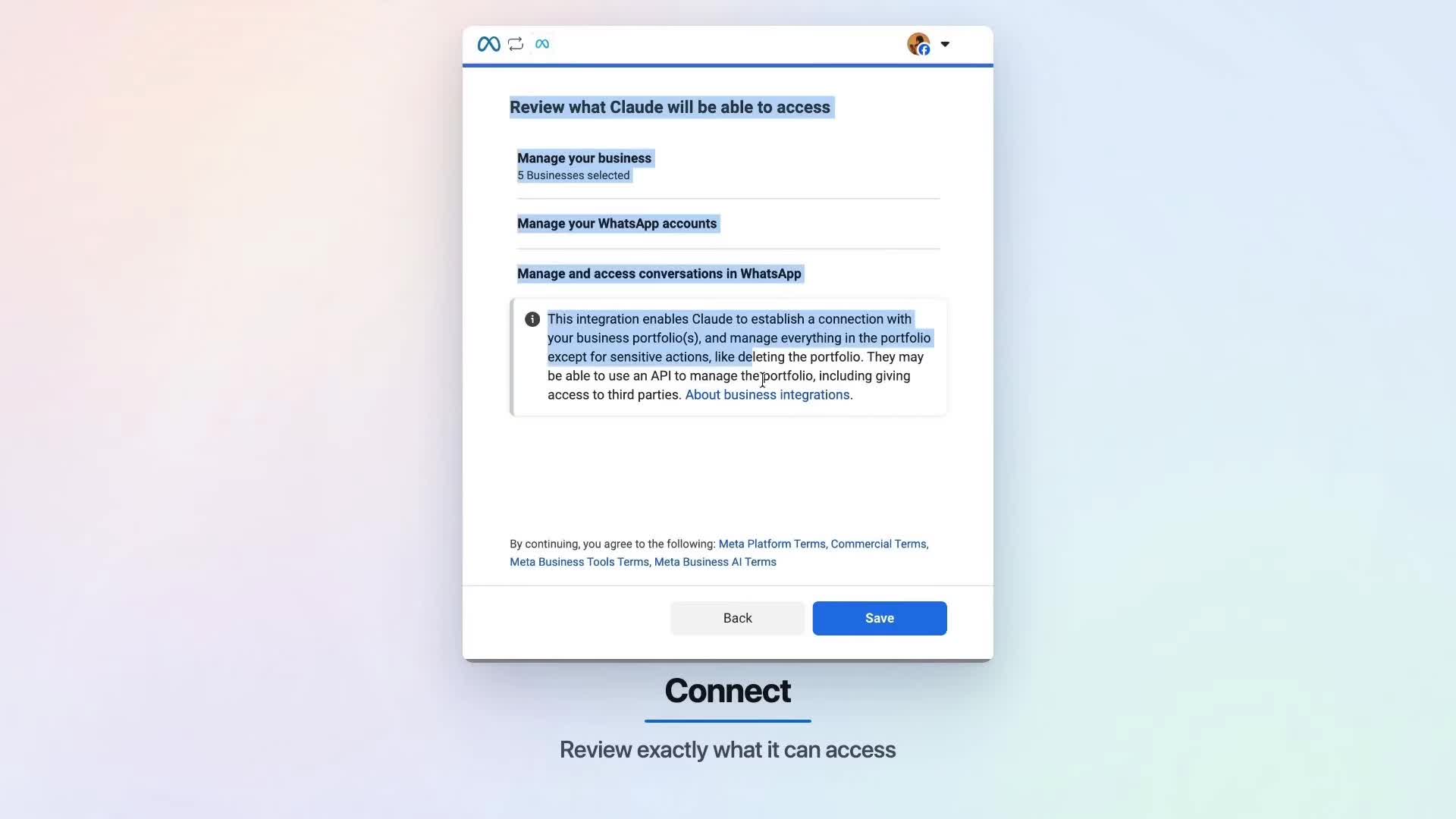 Fotograma del tutorial oficial de Meta que muestra los permisos de acceso a cuentas y conversaciones de WhatsApp.