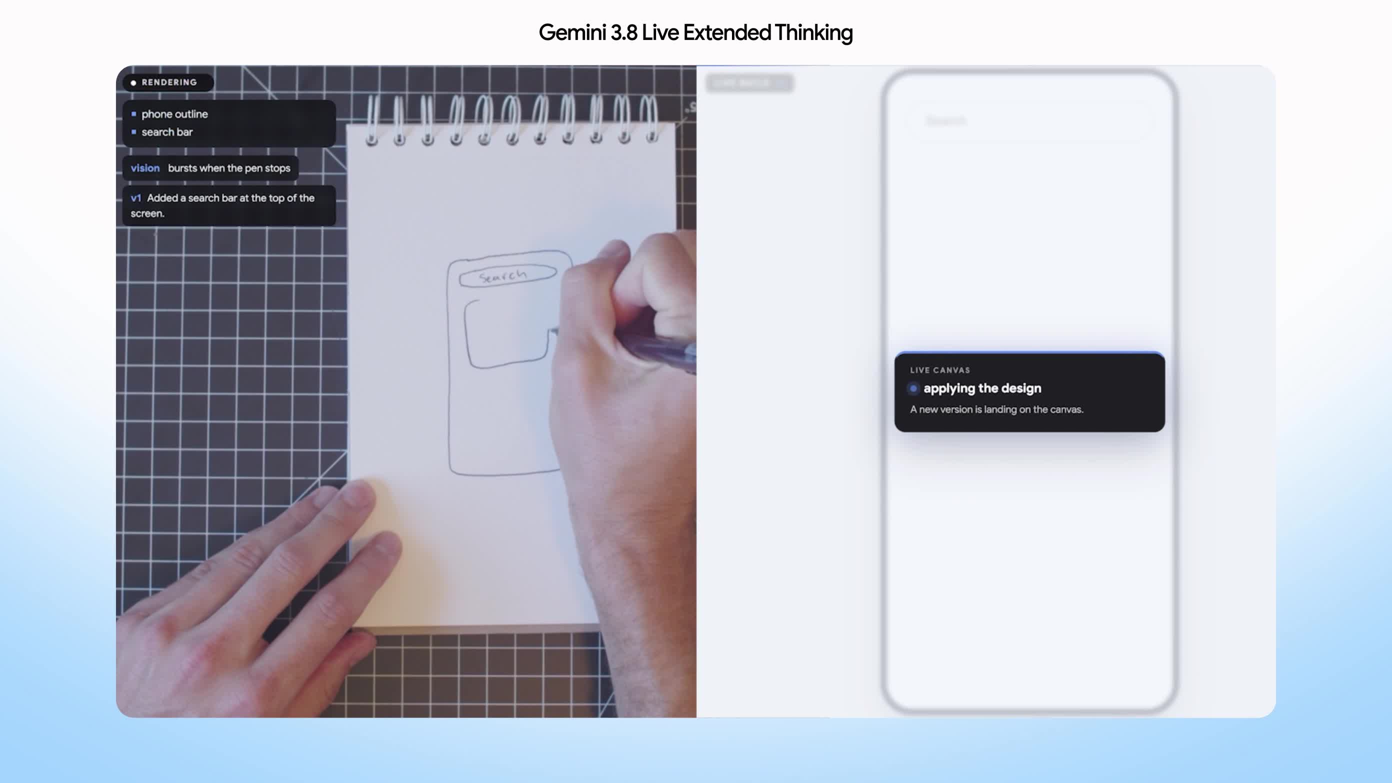 Demostración de Gemini 3.8 Live Extended Thinking: una persona dibuja una interfaz en papel mientras el sistema la reproduce en pantalla.