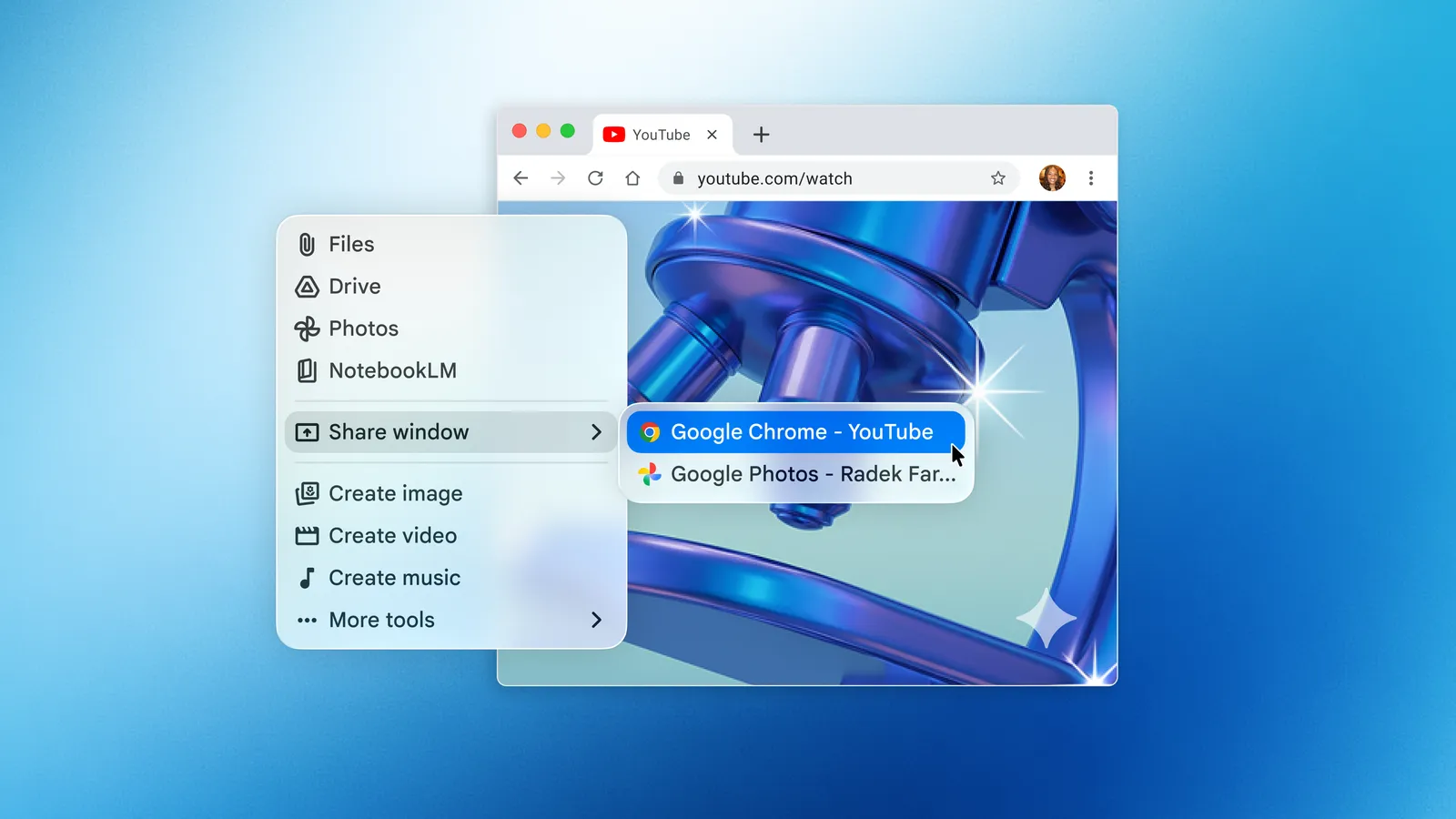Interfaz oficial de Gemini para macOS con el menú para compartir una ventana del escritorio.