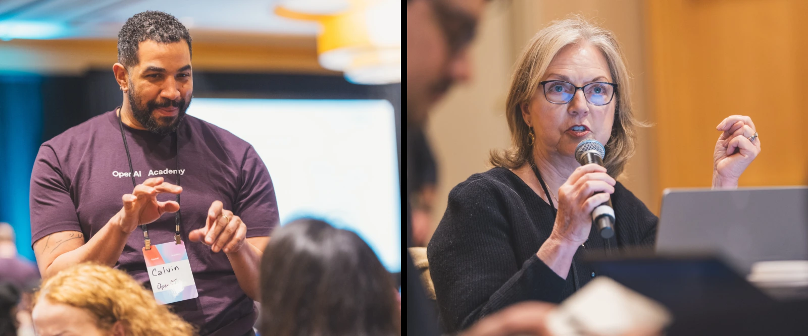 Dos fotografías de asistentes interviniendo durante un taller de OpenAI Academy.