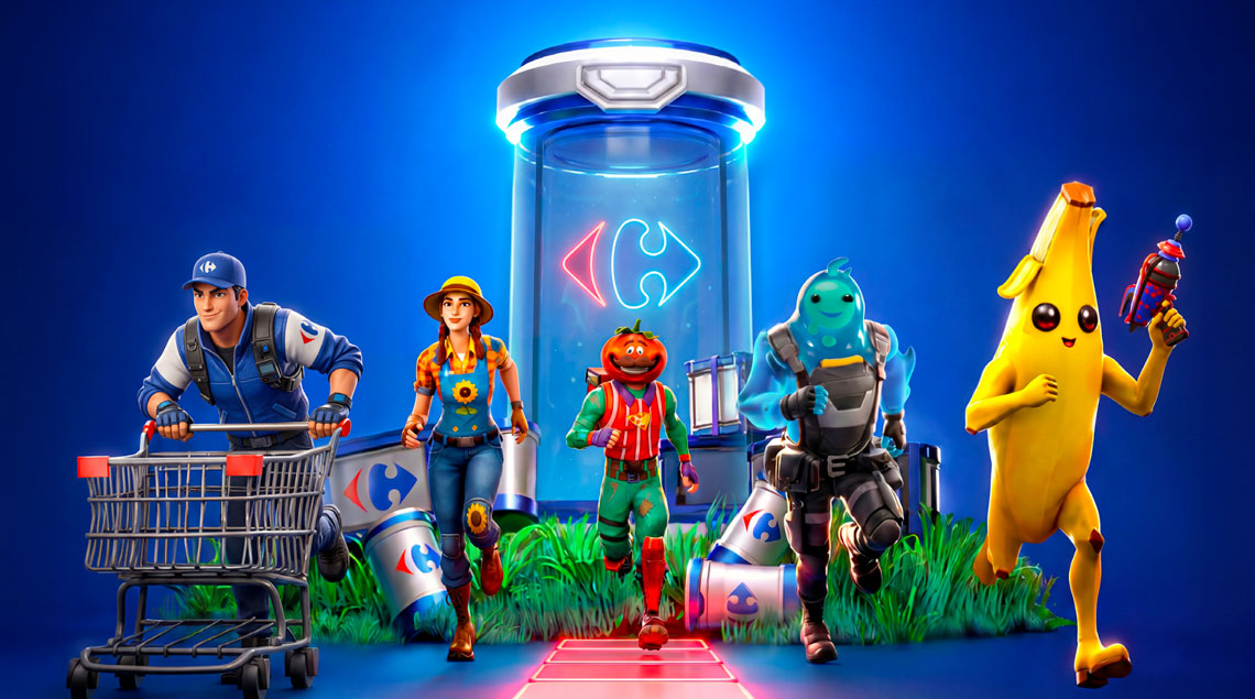 Personajes de Fortnite junto a un carro y un tarro de Carrefour.