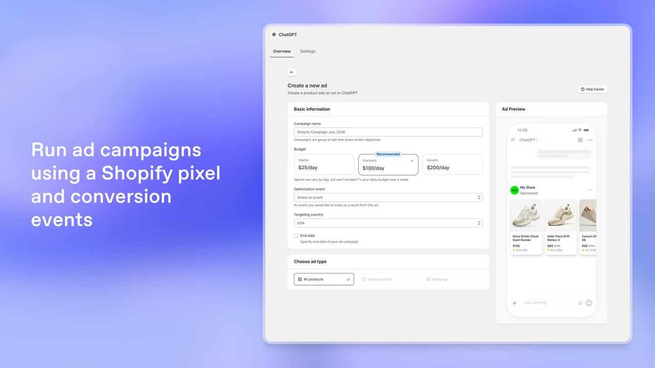 Captura promocional de la aplicación ChatGPT Ads para Shopify con la configuración de una campaña.
