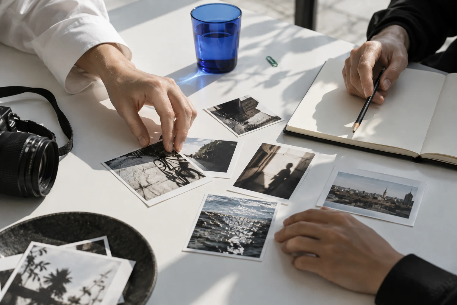 Manos seleccionando fotografías sobre una mesa blanca, junto a un cuaderno y un vaso azul